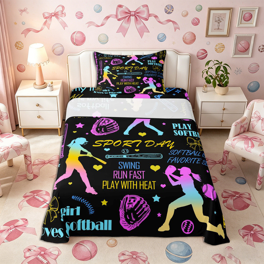 Meiyoeat Neon Softball Bed Sheets 4-Piece for Teens, Sport Quote Print Full Size Sheets