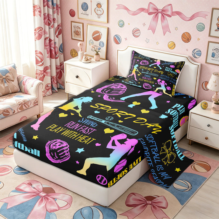 Meiyoeat Neon Softball Bed Sheets 4-Piece for Teens, Sport Quote Print Full Size Sheets