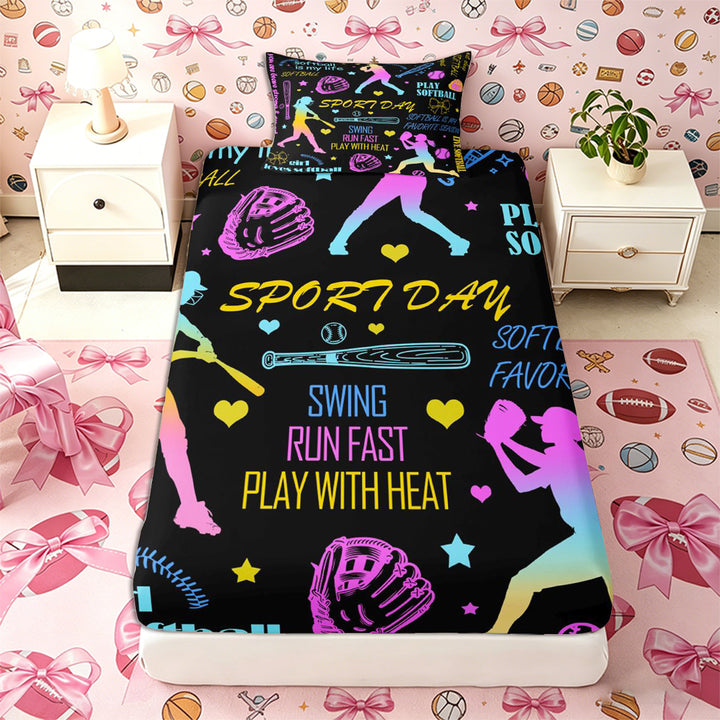 Meiyoeat Neon Softball Bed Sheets 4-Piece for Teens, Sport Quote Print Full Size Sheets