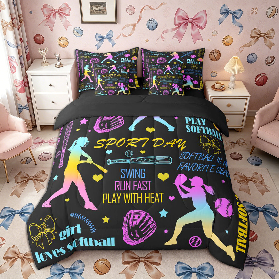 Meiyoeat Neon Softball Full Size Bedding Sets 7 Pieces for Teens, Sport Quote Print Full Size Bed in a Bag,Black Reversible