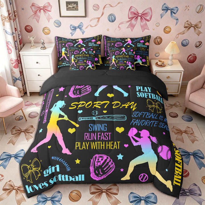 Meiyoeat Neon Softball Full Size Bedding Sets 7 Pieces for Teens, Sport Quote Print Full Size Bed in a Bag,Black Reversible