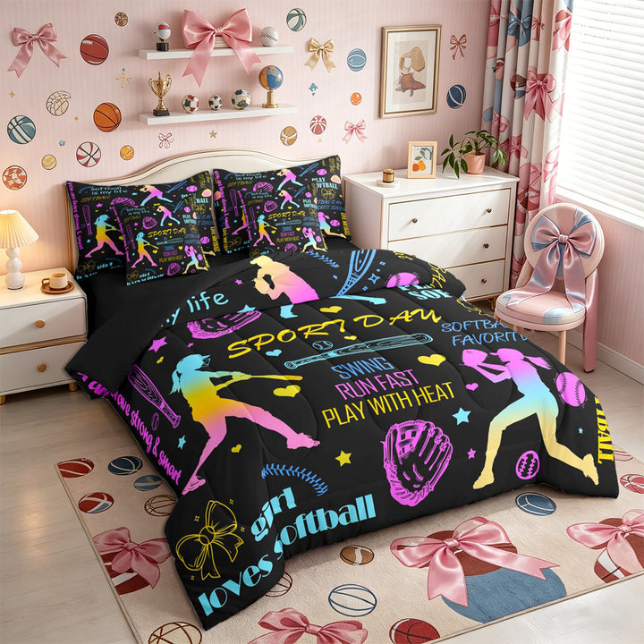 Meiyoeat Neon Softball Full Size Bedding Sets 7 Pieces for Teens, Sport Quote Print Full Size Bed in a Bag,Black Reversible