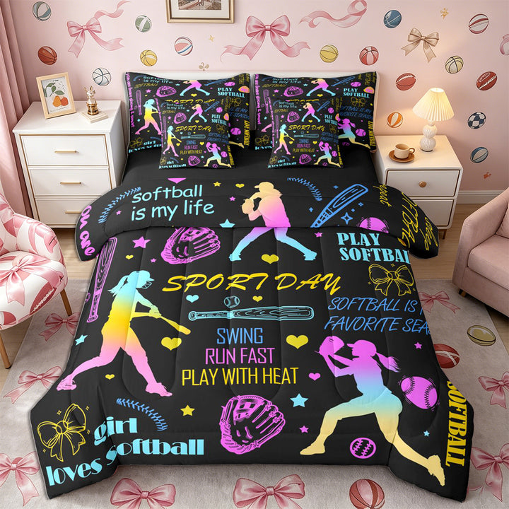 Meiyoeat Neon Softball Full Size Bedding Sets 7 Pieces for Teens, Sport Quote Print Full Size Bed in a Bag,Black Reversible