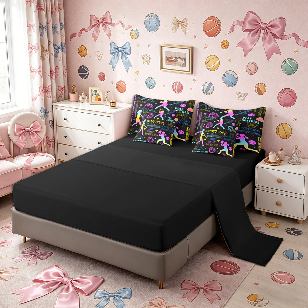 Meiyoeat Neon Softball Full Size Bedding Sets 7 Pieces for Teens, Sport Quote Print Full Size Bed in a Bag,Black Reversible