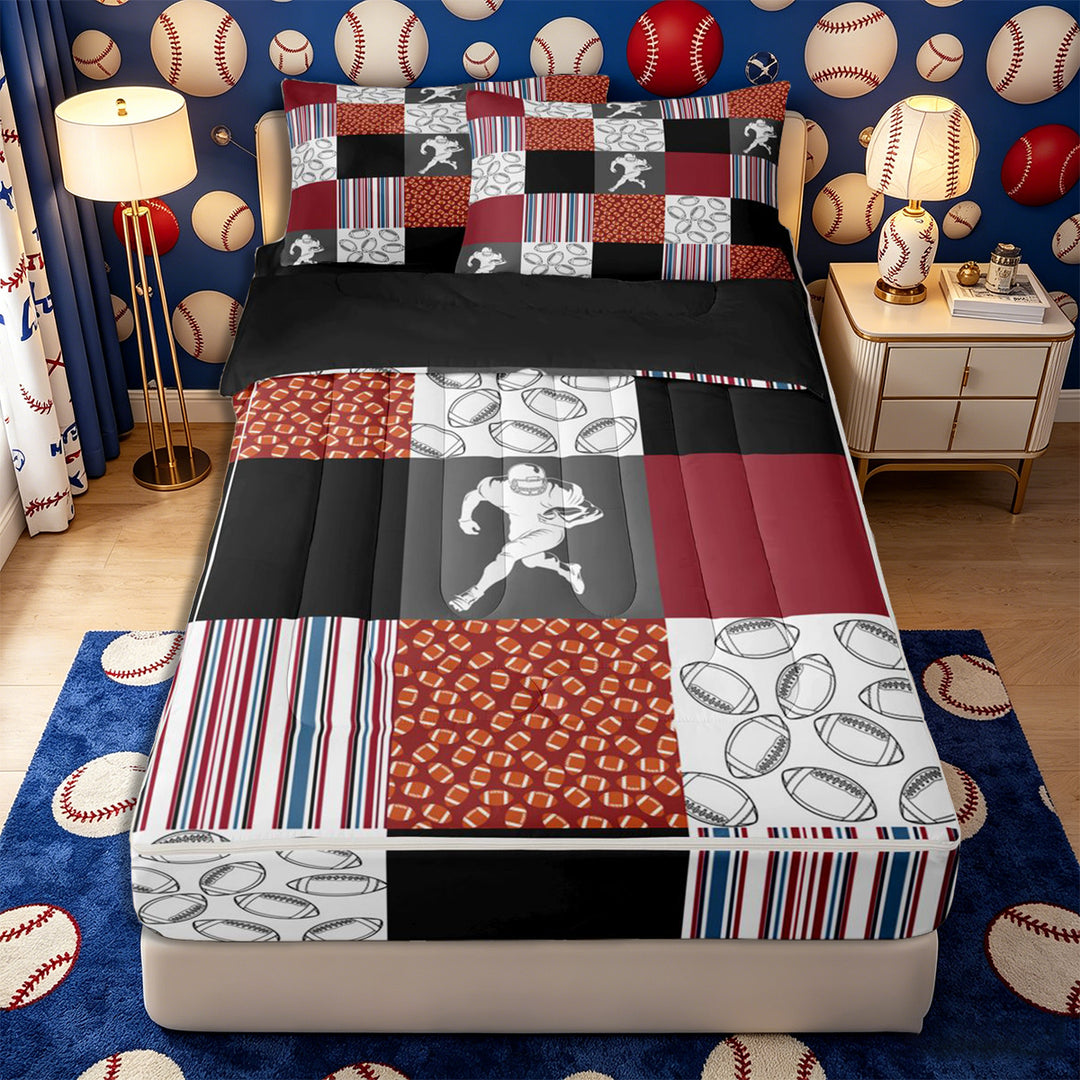 Meiyoeat Patchwork Football Zipper Full Size Comforter Sets with Fitted Sheet and 2 Pillowcases, checkered Stripes Print Zipper Bedding Set, Red Blue Black White,4pcs,Black Reversible