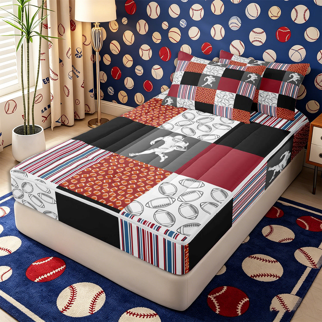 Meiyoeat Patchwork Football Zipper Full Size Comforter Sets with Fitted Sheet and 2 Pillowcases, checkered Stripes Print Zipper Bedding Set, Red Blue Black White,4pcs,Black Reversible