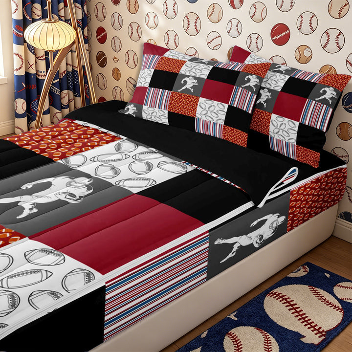 Meiyoeat Patchwork Football Zipper Full Size Comforter Sets with Fitted Sheet and 2 Pillowcases, checkered Stripes Print Zipper Bedding Set, Red Blue Black White,4pcs,Black Reversible