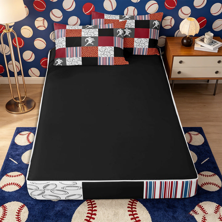 Meiyoeat Patchwork Football Zipper Full Size Comforter Sets with Fitted Sheet and 2 Pillowcases, checkered Stripes Print Zipper Bedding Set, Red Blue Black White,4pcs,Black Reversible