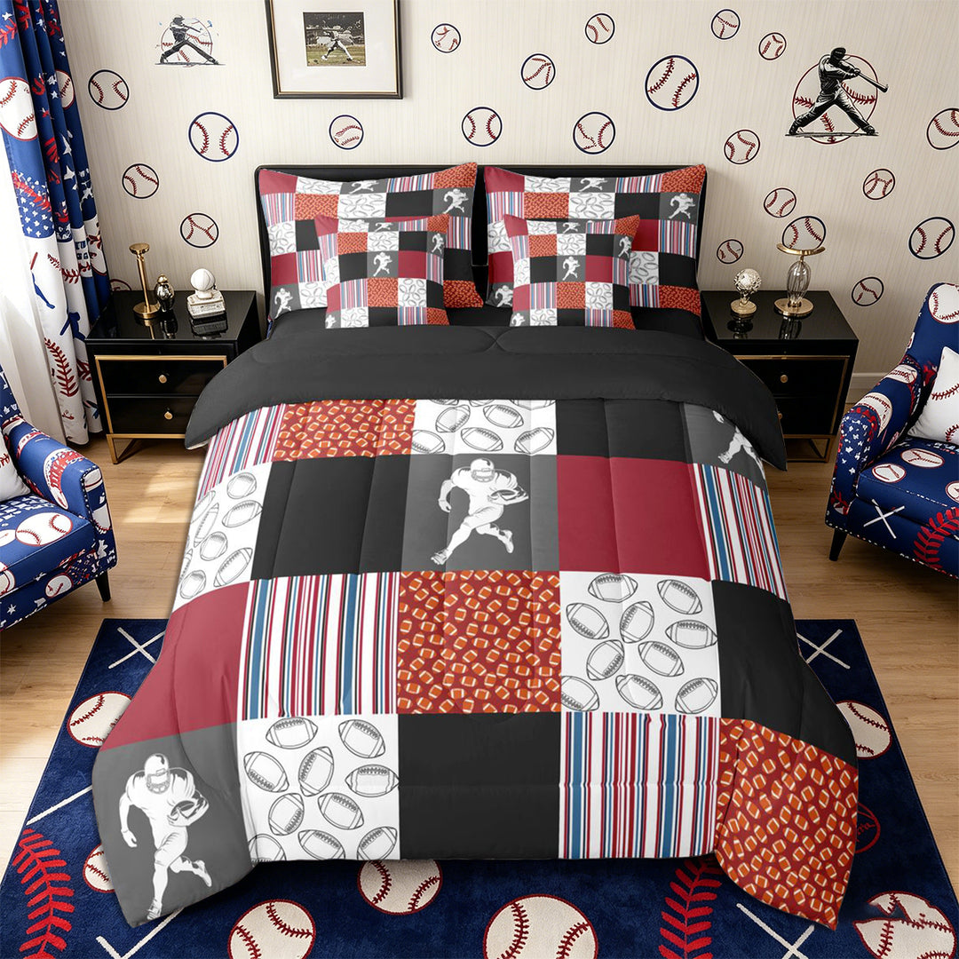 Meiyoeat Patchwork Football Full Size Bedding Sets 7 Pieces for Boys, checkered Stripes Print Full Size Bed in a Bag, Red Blue Black White,Black Reversible