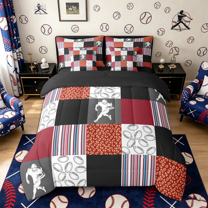 Meiyoeat Patchwork Football Full Size Bedding Sets 7 Pieces for Boys, checkered Stripes Print Full Size Bed in a Bag, Red Blue Black White,Black Reversible
