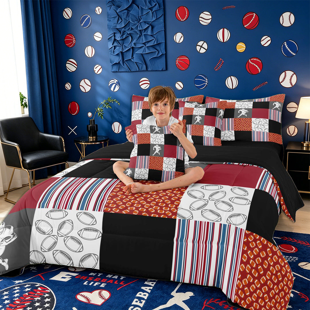 Meiyoeat Patchwork Football Full Size Bedding Sets 7 Pieces for Boys, checkered Stripes Print Full Size Bed in a Bag, Red Blue Black White,Black Reversible