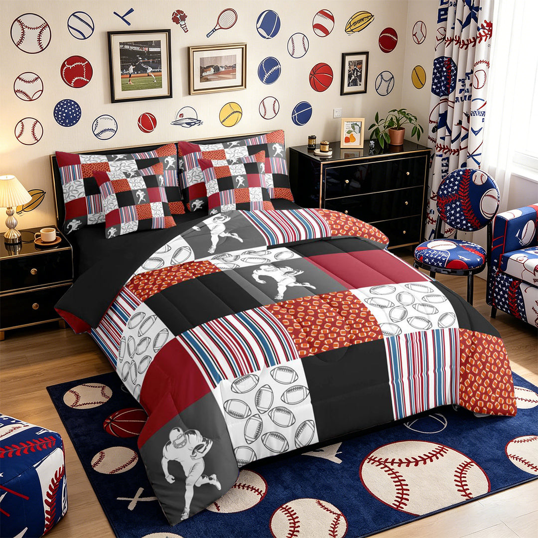 Meiyoeat Patchwork Football Full Size Bedding Sets 7 Pieces for Boys, checkered Stripes Print Full Size Bed in a Bag, Red Blue Black White,Black Reversible