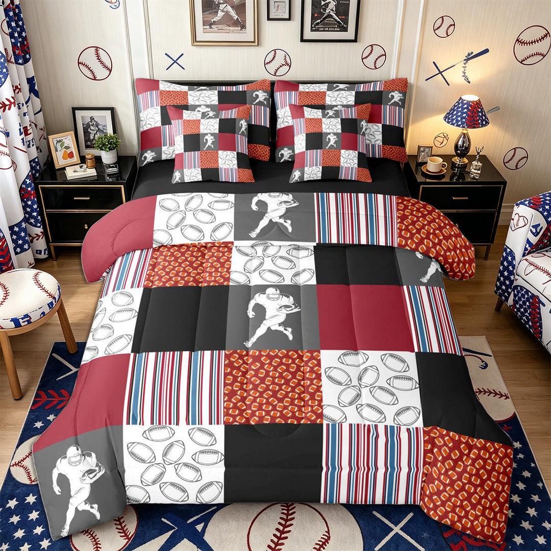 Meiyoeat Patchwork Football Full Size Bedding Sets 7 Pieces for Boys, checkered Stripes Print Full Size Bed in a Bag, Red Blue Black White,Black Reversible
