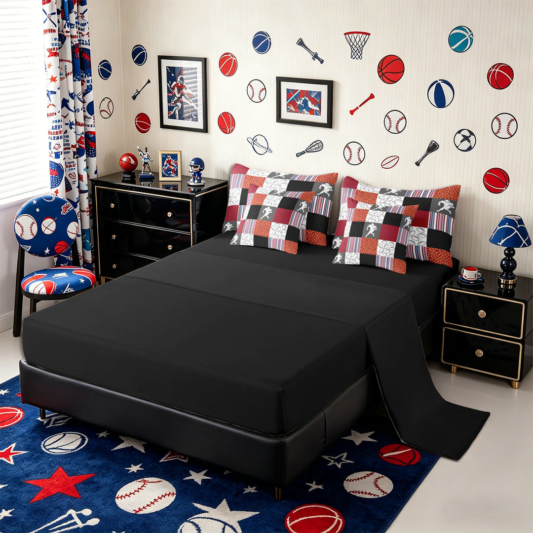 Meiyoeat Patchwork Football Full Size Bedding Sets 7 Pieces for Boys, checkered Stripes Print Full Size Bed in a Bag, Red Blue Black White,Black Reversible
