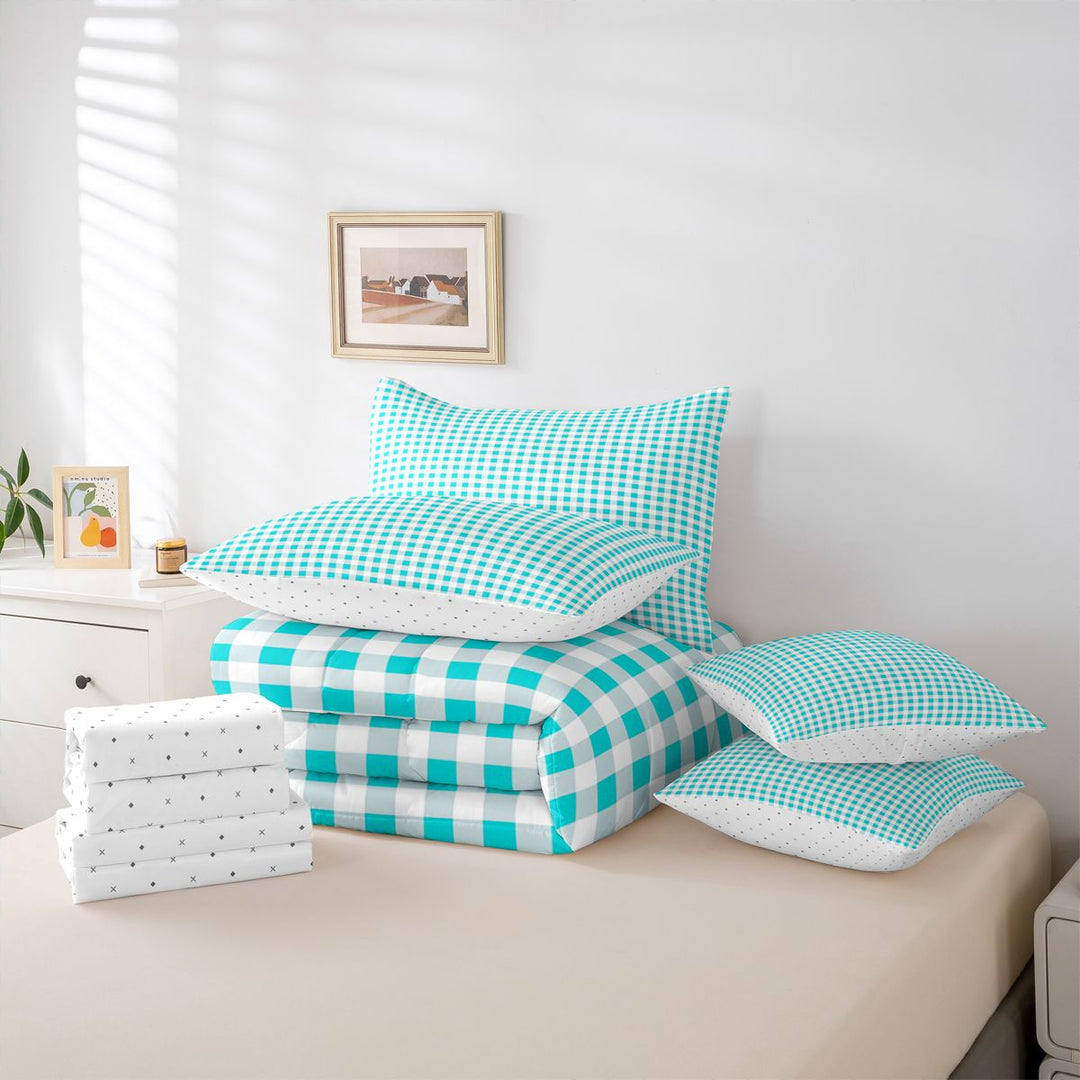 meiyoeat Geometric Plaid 7 Pieces Full Size Bedding Sets For Kids,Blue Classic Checkered Full Size Bed in a Bag For Boys,Reversible