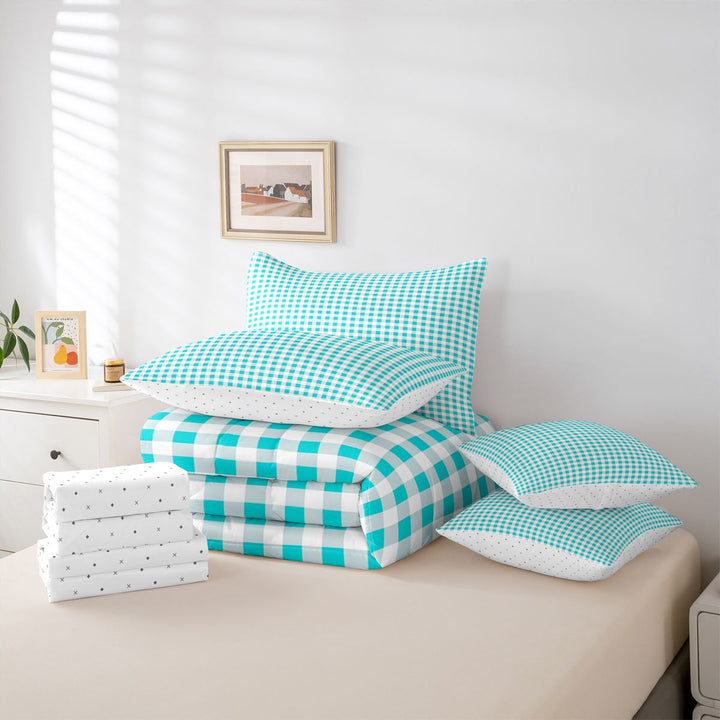 meiyoeat Geometric Plaid 7 Pieces Full Size Bedding Sets For Kids,Blue Classic Checkered Full Size Bed in a Bag For Boys,Reversible