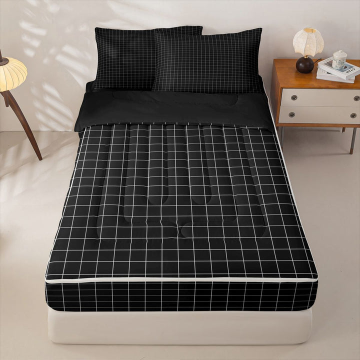 meiyoeat Black Checkered Grid Zipper Full Size Comforter Sets with Fitted Sheet and 2 Pillowcases For Kids,Modern Geometric Print Zipper Bedding Set For Adults,Black Reversible,4 Pieces