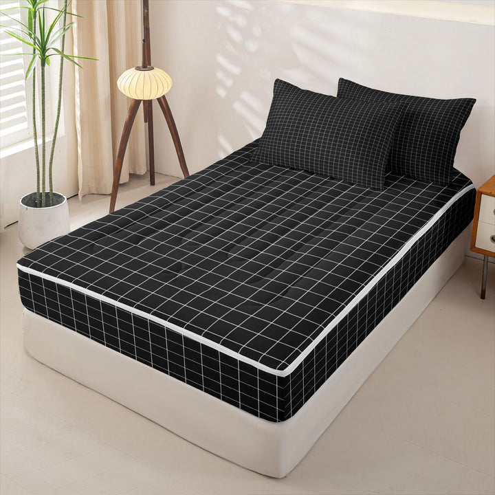 meiyoeat Black Checkered Grid Zipper Full Size Comforter Sets with Fitted Sheet and 2 Pillowcases For Kids,Modern Geometric Print Zipper Bedding Set For Adults,Black Reversible,4 Pieces