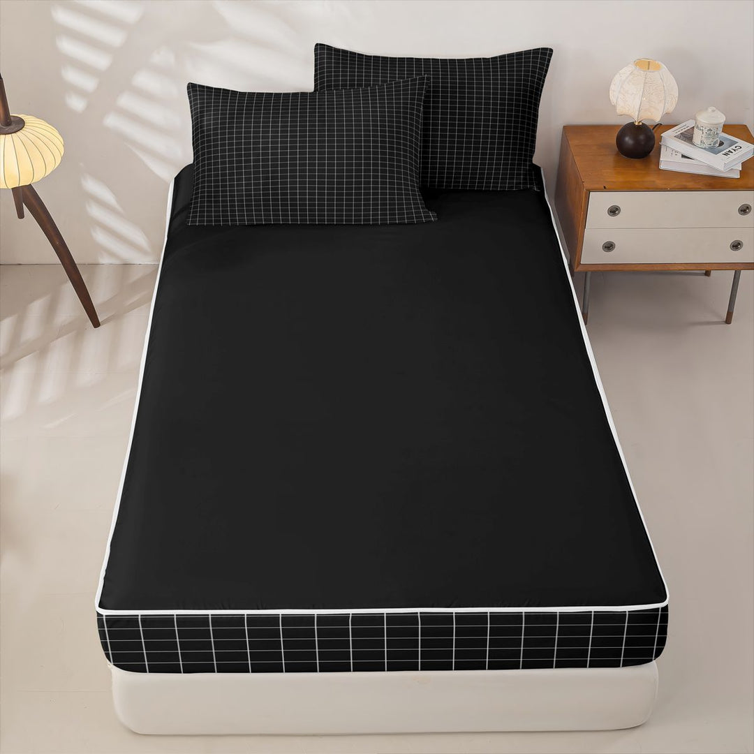 meiyoeat Black Checkered Grid Zipper Full Size Comforter Sets with Fitted Sheet and 2 Pillowcases For Kids,Modern Geometric Print Zipper Bedding Set For Adults,Black Reversible,4 Pieces