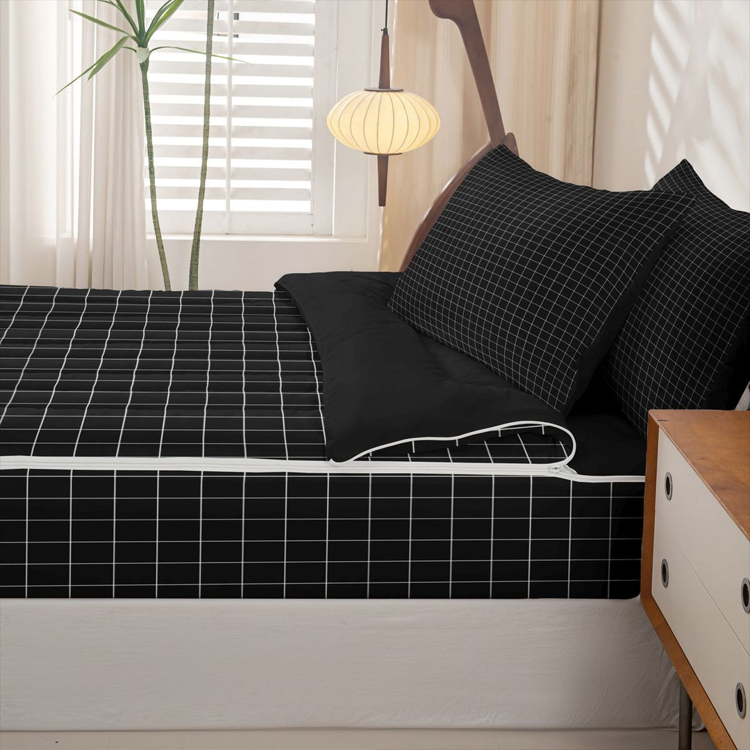 meiyoeat Black Checkered Grid Zipper Full Size Comforter Sets with Fitted Sheet and 2 Pillowcases For Kids,Modern Geometric Print Zipper Bedding Set For Adults,Black Reversible,4 Pieces