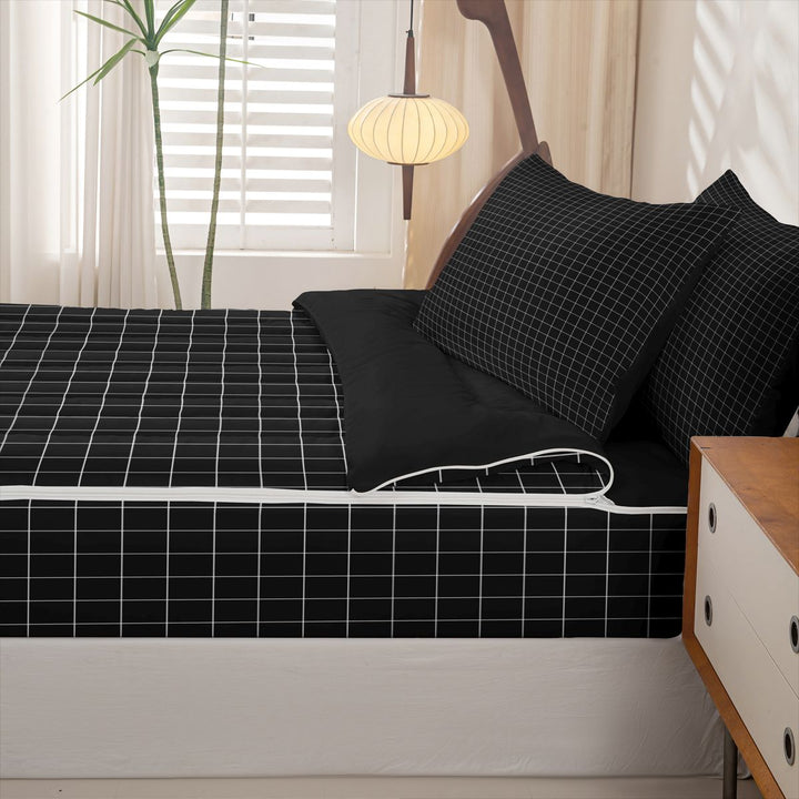 meiyoeat Black Checkered Grid Zipper Full Size Comforter Sets with Fitted Sheet and 2 Pillowcases For Kids,Modern Geometric Print Zipper Bedding Set For Adults,Black Reversible,4 Pieces