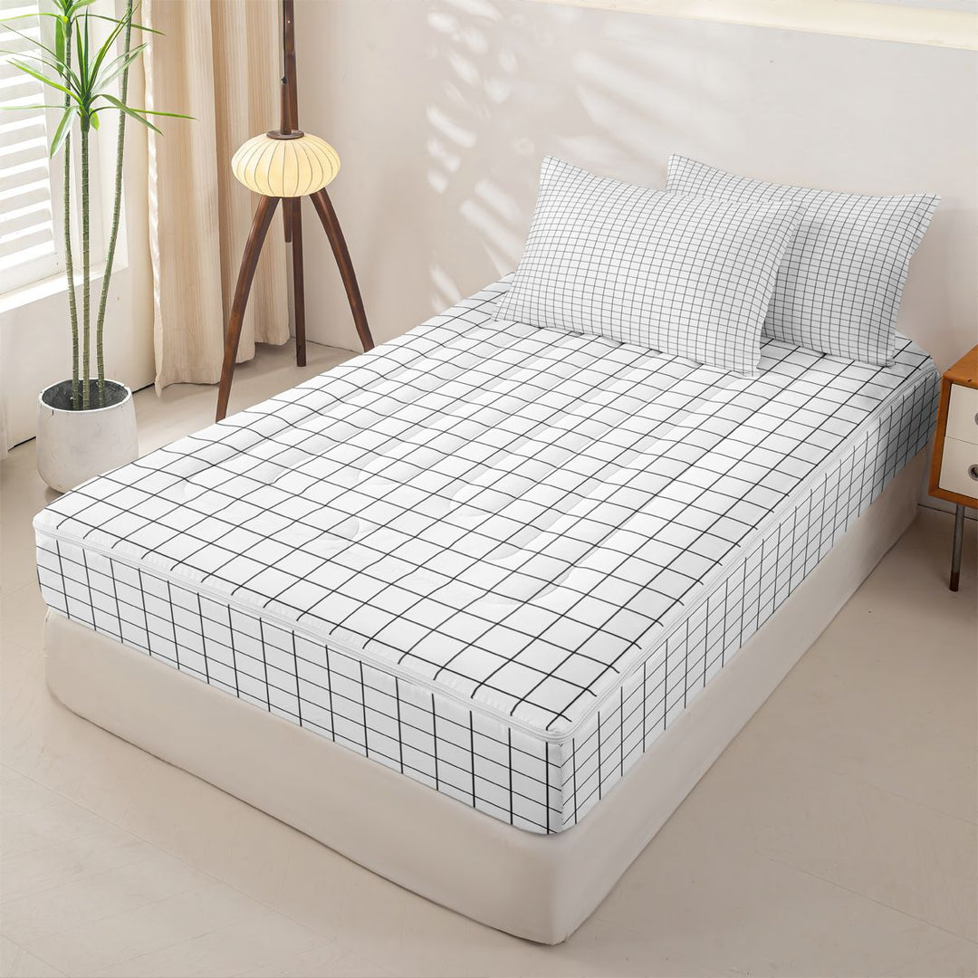 meiyoeat White Buffalo Plaid Zipper Full Size Comforter Sets with Fitted Sheet and 2 Pillowcases,Classic Geometric Design Zipper Bedding Set For Kids,Reversible,4-Piece