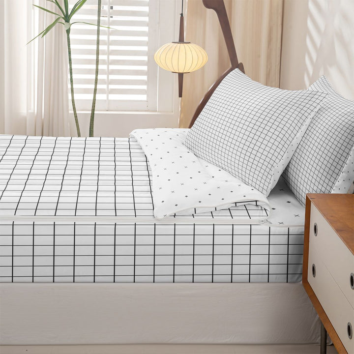 meiyoeat White Buffalo Plaid Zipper Full Size Comforter Sets with Fitted Sheet and 2 Pillowcases,Classic Geometric Design Zipper Bedding Set For Kids,Reversible,4-Piece