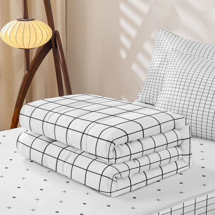 meiyoeat White Buffalo Plaid Zipper Full Size Comforter Sets with Fitted Sheet and 2 Pillowcases,Classic Geometric Design Zipper Bedding Set For Kids,Reversible,4-Piece