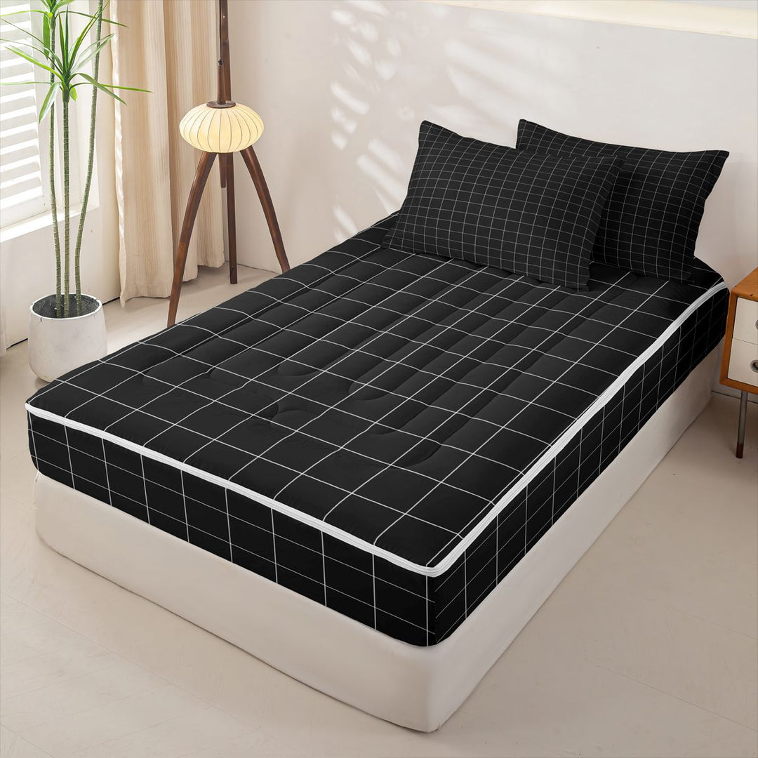meiyoeat Modern Geometric Check Zipper Full Size Comforter Sets with Fitted Sheet and 2 Pillowcases,Minimalist Plaid Buffalo Zipper Bedding Set For Kids Boys,Black Reversible,4 Pieces