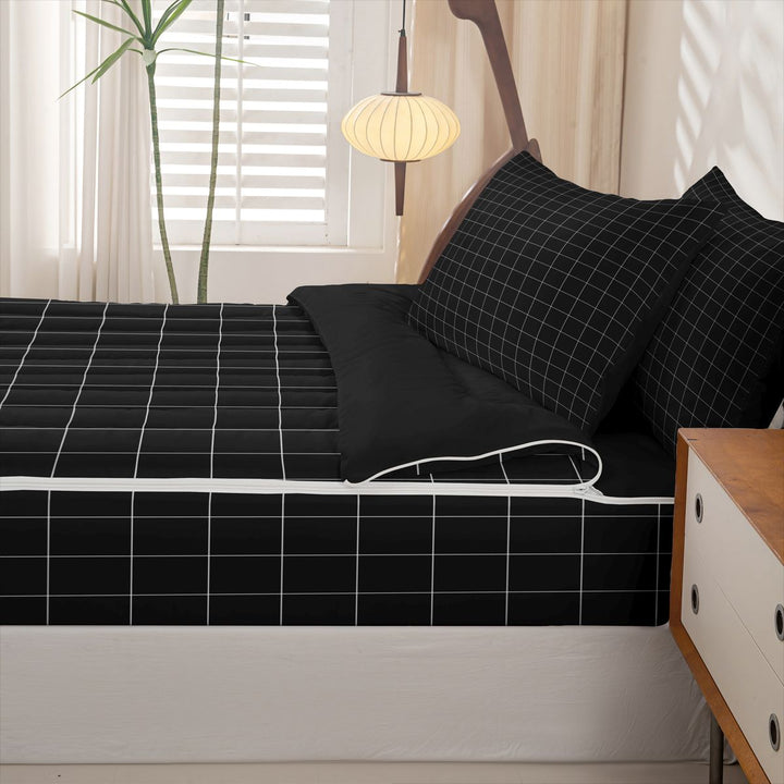 meiyoeat Modern Geometric Check Zipper Full Size Comforter Sets with Fitted Sheet and 2 Pillowcases,Minimalist Plaid Buffalo Zipper Bedding Set For Kids Boys,Black Reversible,4 Pieces