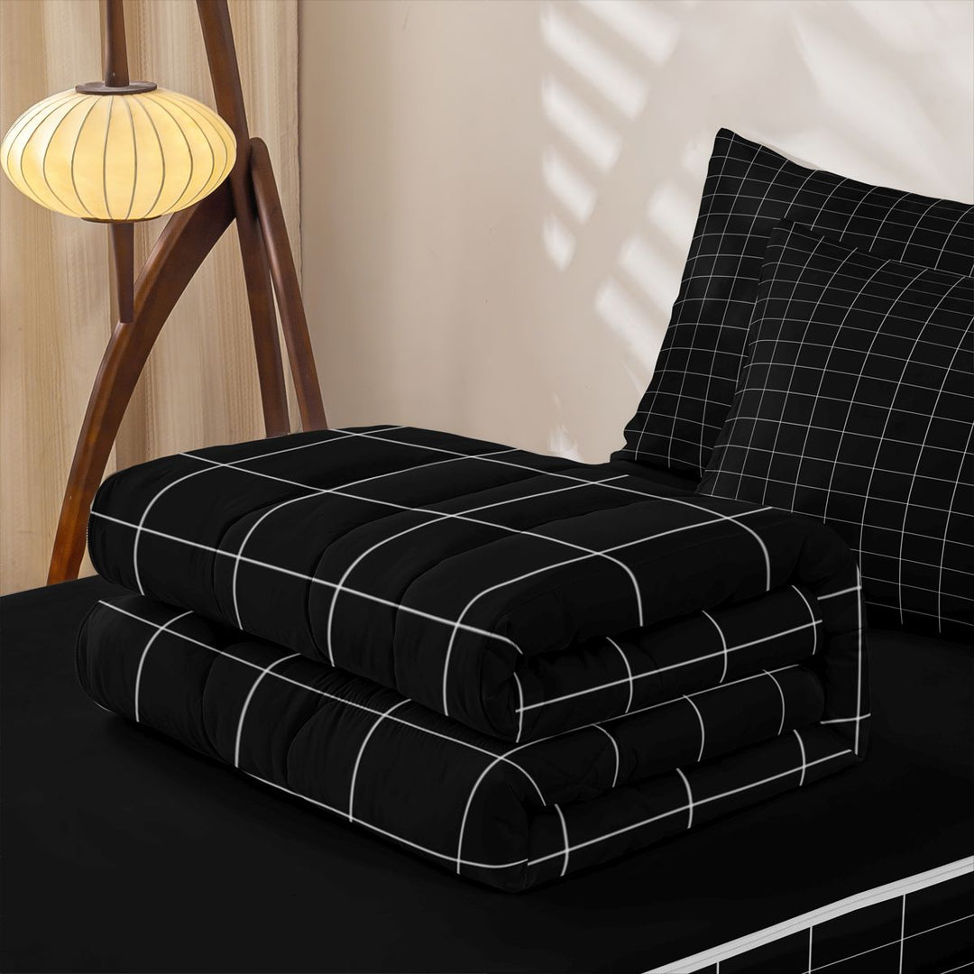 meiyoeat Modern Geometric Check Zipper Full Size Comforter Sets with Fitted Sheet and 2 Pillowcases,Minimalist Plaid Buffalo Zipper Bedding Set For Kids Boys,Black Reversible,4 Pieces