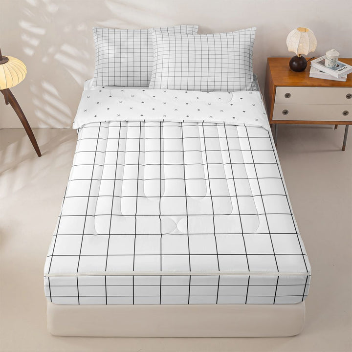 meiyoeat Classic Check Geometric Zipper Full Size Comforter Sets with Fitted Sheet and 2 Pillowcases For Kids,Simple Square Plaid Zipper Bedding Set,Reversible,4-Piece