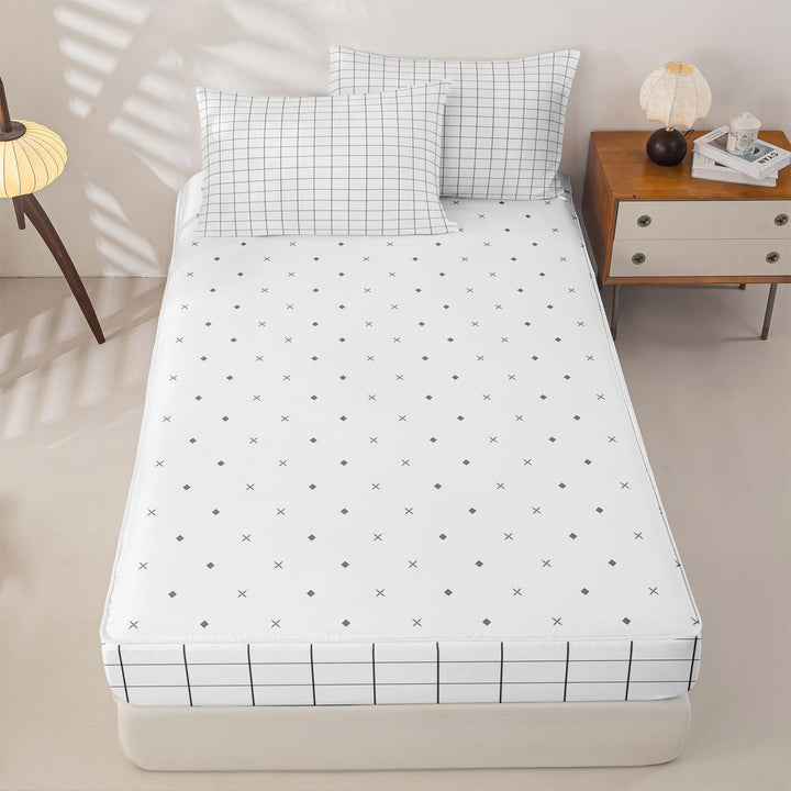 meiyoeat Classic Check Geometric Zipper Full Size Comforter Sets with Fitted Sheet and 2 Pillowcases For Kids,Simple Square Plaid Zipper Bedding Set,Reversible,4-Piece