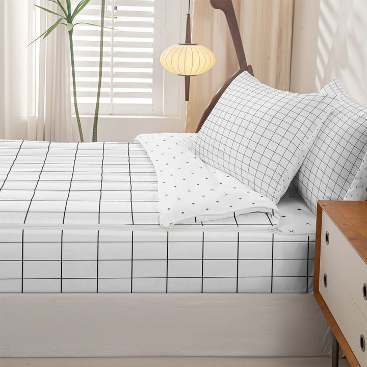 meiyoeat Classic Check Geometric Zipper Full Size Comforter Sets with Fitted Sheet and 2 Pillowcases For Kids,Simple Square Plaid Zipper Bedding Set,Reversible,4-Piece