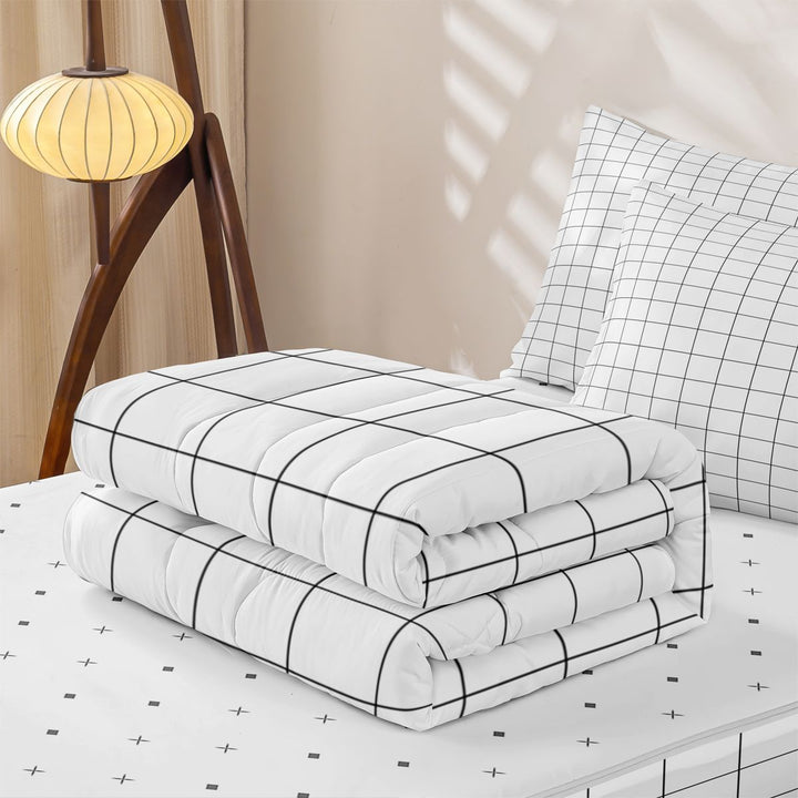 meiyoeat Classic Check Geometric Zipper Full Size Comforter Sets with Fitted Sheet and 2 Pillowcases For Kids,Simple Square Plaid Zipper Bedding Set,Reversible,4-Piece