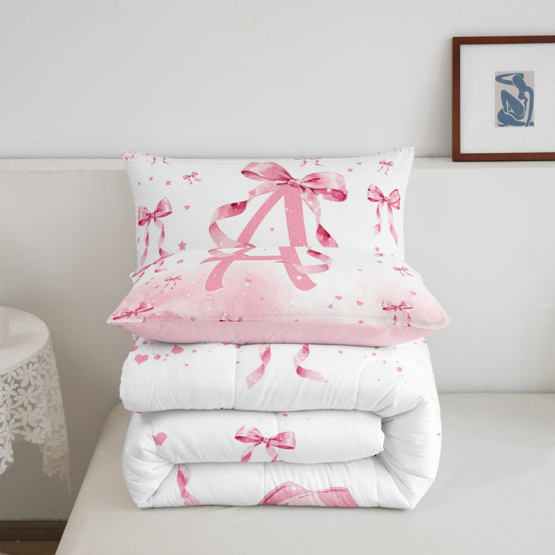 meiyoeat Pink Bow Monogram A Full Size Comforter Sets,Cute Ribbon Bowknot Bedding Comforter Set For Girl,Pink Reversible,3-Piece,1 Comforter and 2 Pillowcases