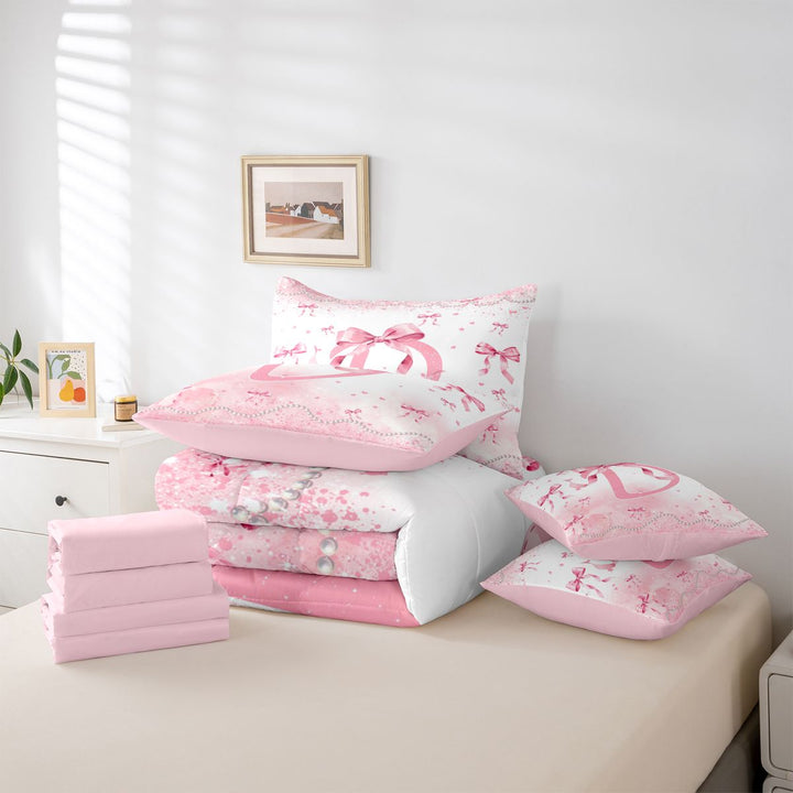 meiyoeat Girly Bow Monogrammed D 7 Pieces Full Size Bedding Sets,Pink Pearl Initial Print Full Size Bed in a Bag For Girl,Pink Reversible