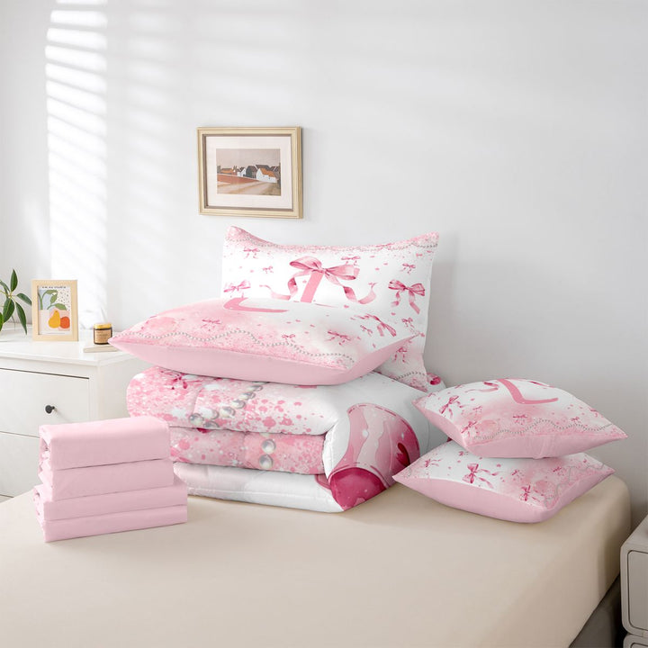 meiyoeat Pink Ribbon Bow 7 Pieces Full Size Bedding Sets,Glitter Print 3D Initial Letter L Kids Full Size Bed in a Bag For Girl,Pink Reversible
