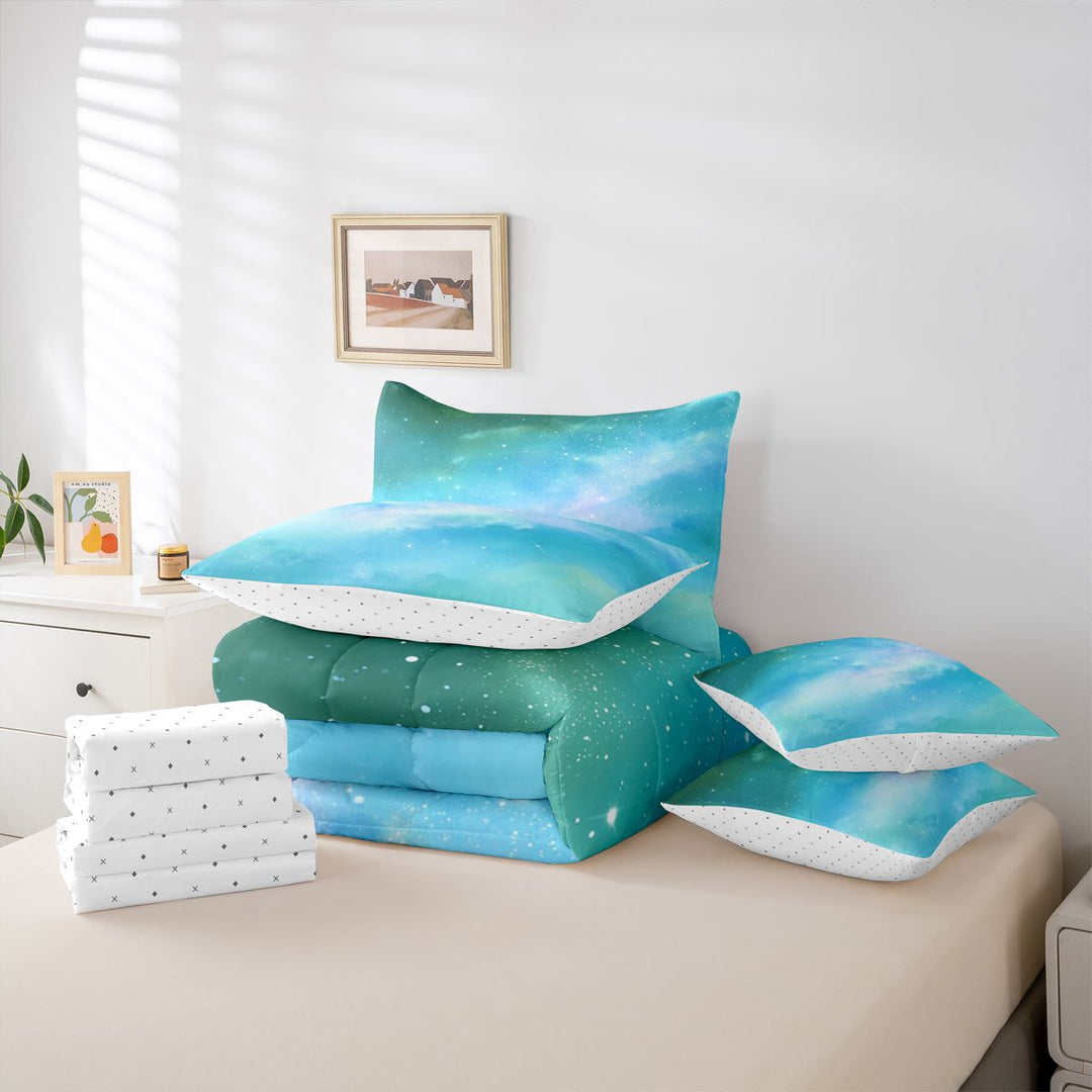 meiyoeat Teal Galaxy Star 7 Pieces Full Size Bedding Sets,Calm Magical Sky Pattern Full Size Bed in a Bag For Girl,Reversible