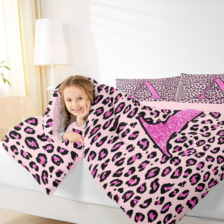 meiyoeat Glitter Leopard Print Letter A Bedding Comforter Set, Girls Teens, Pink Sparkle Monogrammed Full Bedding Set, Pink Reversible 7pcs