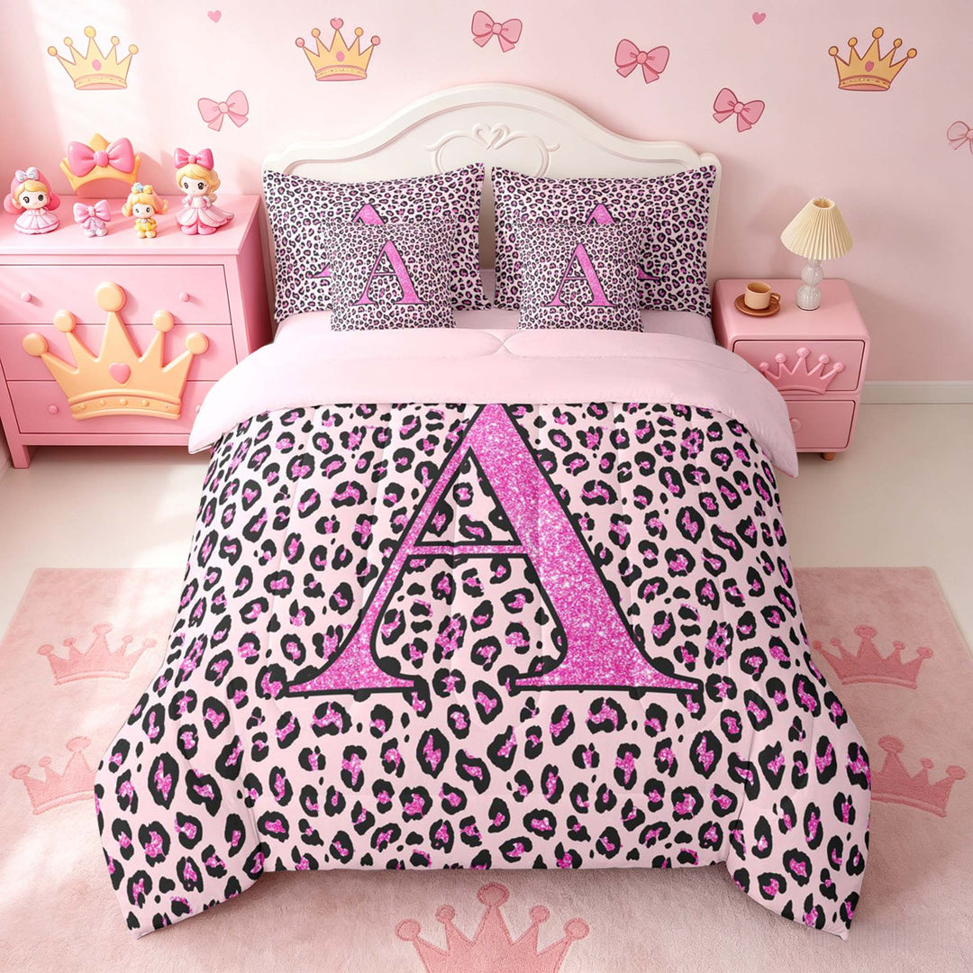 meiyoeat Glitter Leopard Print Letter A Bedding Comforter Set, Girls Teens, Pink Sparkle Monogrammed Full Bedding Set, Pink Reversible 7pcs