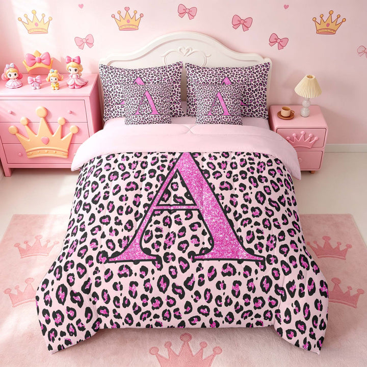 meiyoeat Glitter Leopard Print Letter A Bedding Comforter Set, Girls Teens, Pink Sparkle Monogrammed Full Bedding Set, Pink Reversible 7pcs