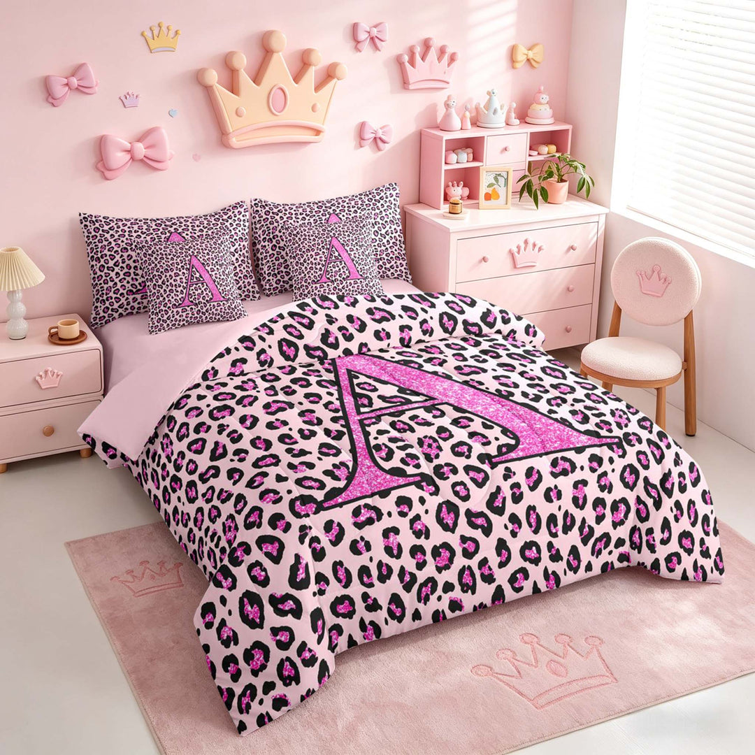 meiyoeat Glitter Leopard Print Letter A Bedding Comforter Set, Girls Teens, Pink Sparkle Monogrammed Full Bedding Set, Pink Reversible 7pcs
