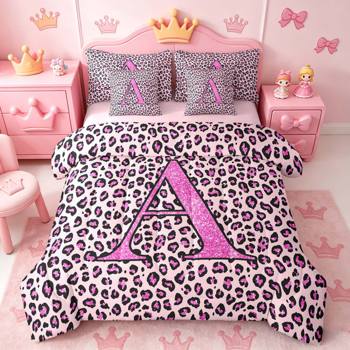 meiyoeat Glitter Leopard Print Letter A Bedding Comforter Set, Girls Teens, Pink Sparkle Monogrammed Full Bedding Set, Pink Reversible 7pcs