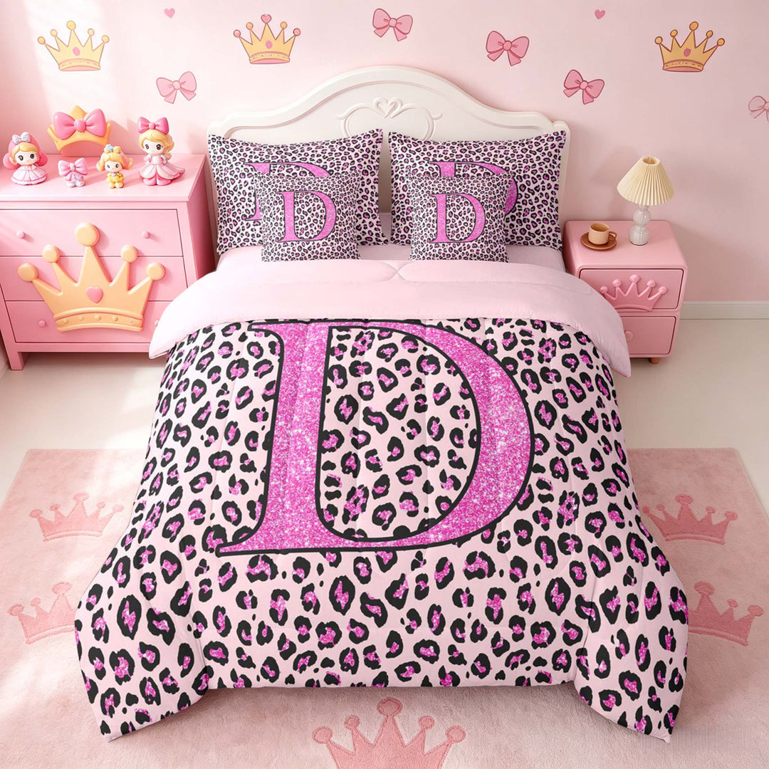 meiyoeat Glitter Leopard Print Letter D Bedding Comforter Set, Girls Teens, Pink Sparkle Monogrammed Full Bedding Set, Pink Reversible 7pcs