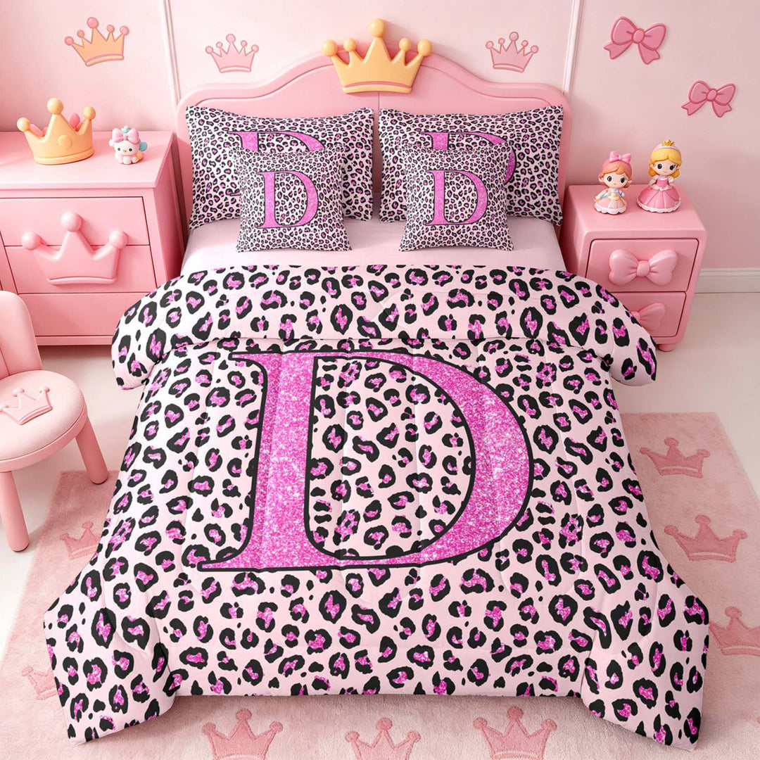 meiyoeat Glitter Leopard Print Letter D Bedding Comforter Set, Girls Teens, Pink Sparkle Monogrammed Full Bedding Set, Pink Reversible 7pcs