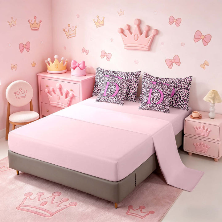 meiyoeat Glitter Leopard Print Letter D Bedding Comforter Set, Girls Teens, Pink Sparkle Monogrammed Full Bedding Set, Pink Reversible 7pcs