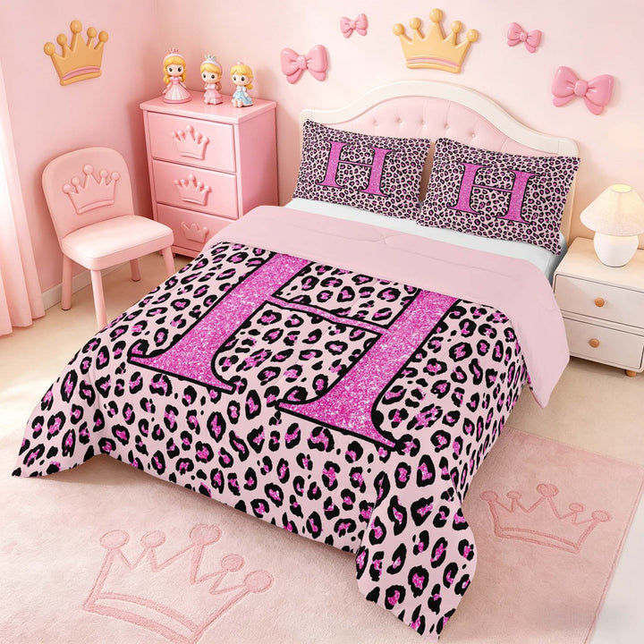 meiyoeat Glitter Leopard Print Letter H Full Size Comforter Sets, Girls Teens, Pink Sparkle Monogrammed Bedding Sets, Pink Reversible 3-Piece, 1 Comforter and 2 Pillowcases