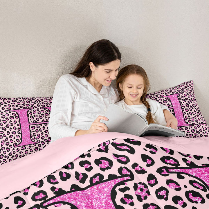meiyoeat Glitter Leopard Print Letter H Full Size Comforter Sets, Girls Teens, Pink Sparkle Monogrammed Bedding Sets, Pink Reversible 3-Piece, 1 Comforter and 2 Pillowcases