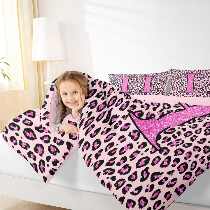 meiyoeat Glitter Leopard Print Letter H Full Size Comforter Sets, Girls Teens, Pink Sparkle Monogrammed Bedding Sets, Pink Reversible 3-Piece, 1 Comforter and 2 Pillowcases